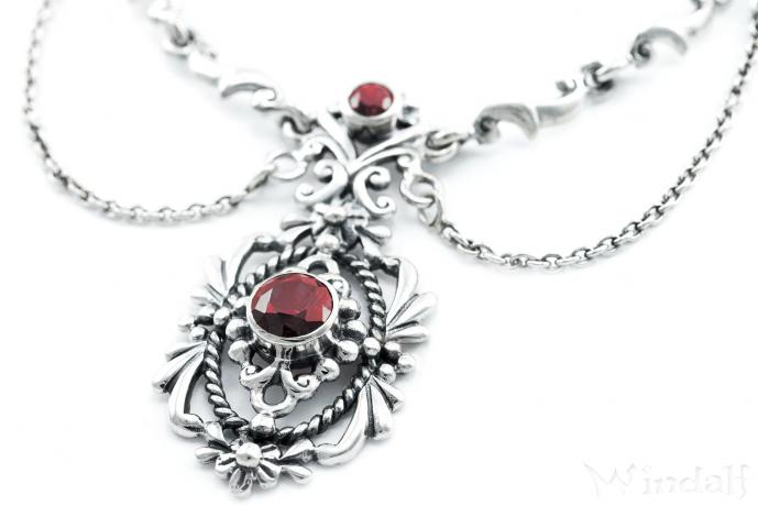 WINDALF Mittelalter Vintage Collier ARIS Gothic Halsschmuck Steam Punk Trachtenschmuck mit rotem Kristall Silber - Windalf.de