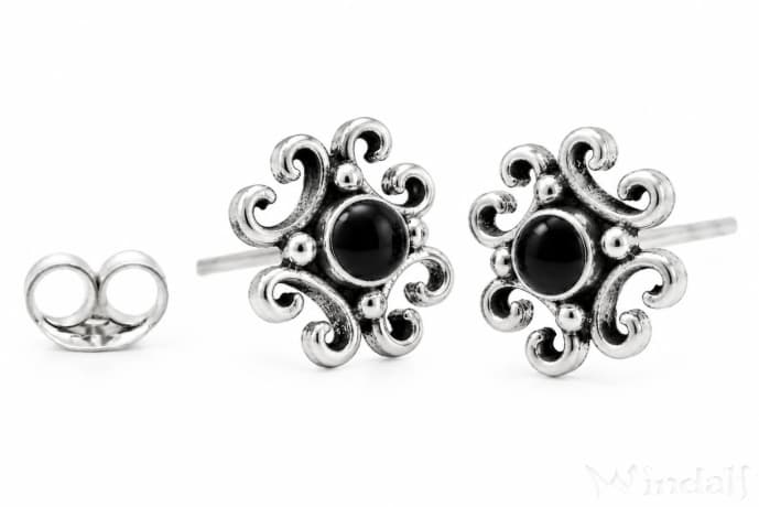 WINDALF Mittelalter Ohrstecker NASTIA 8 mm Schwarzer Onyx Vintage Silber - Windalf.de