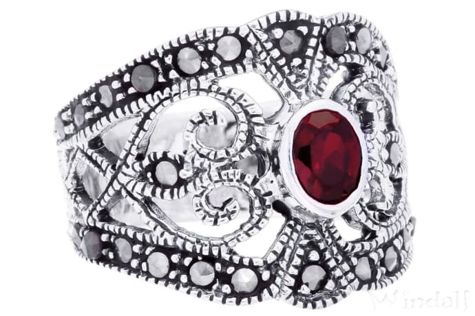 WINDALF Bohemian Damen Ring LUCIANA 16 mm Roter Granat Markasitschmuck Gothic Silberring WINDALF Bohemian Damen Ring LUCIANA 16 mm Roter Granat Markasitschmuck Gothic Silberring - Windalf.de