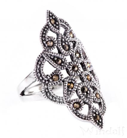WINDALF Langer Damen Silber Ring MYSTIA 32 mm Ornamentik & Markasit Statementring - Windalf.de