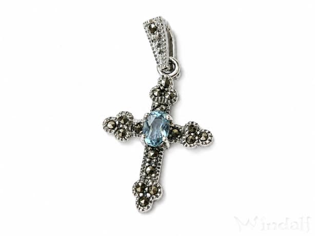 WINDALF Schmuck Anh&auml;nger LARA 3.2 cm Kleines Kreuz Aquamarin Kristall Silber - Windalf.de