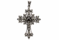 WINDALF Schmuck Anh&auml;nger Gothic Kreuz ACANTHA 4.5 cm Kreuz mit schwarzem Stein Silber - Windalf.de