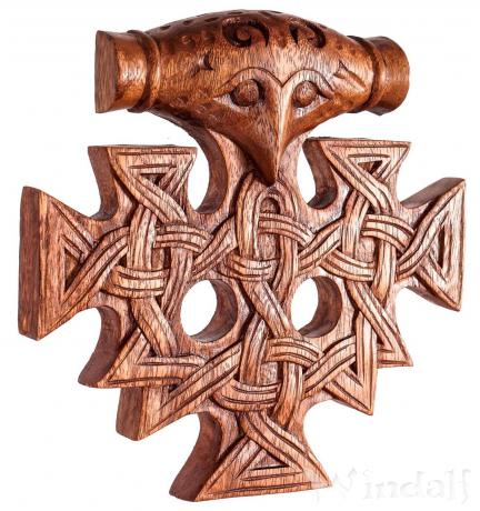 WINDALF Wikinger Wandbild THORAN 23 cm Thorhammer mit Knoten Vikings Wandrelief Handarbeit aus Holz - Windalf.de