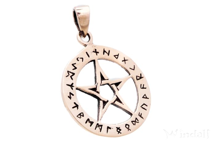 WINDALF Kelten Schmuck Anhänger ASKA Ø 2.4 cm Futhark Runen Pentagramm Schutz Amulett Bronze - Windalf.de