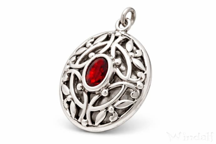 WINDALF Schmuck Anh&auml;nger Foto-Medaillon SINA 2.8 cm Roter Kristall mit Innerem Fach Handarbeit Silber - Windalf.de