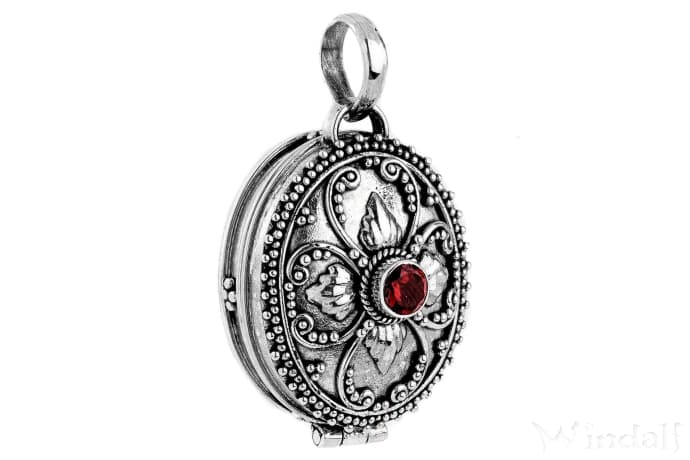 WINDALF Schmuck Anhänger SIRA 3.4 cm Foto-Medaillon mit Fach Roter Granatstein Handarbeit Silber - Windalf.de