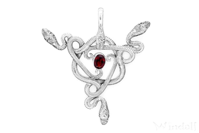 WINDALF Schmuck Anh&auml;nger TRISULA 5.7 cm Drei Schlangen Echter Granat Handarbeit Silber - Windalf.de