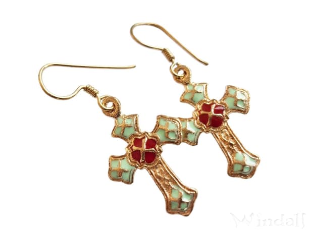 WINDALF Ohrhänger Kreuze IDUNA 3.9 cm Rot/Türkis Handarbeit Bronze - Windalf.de