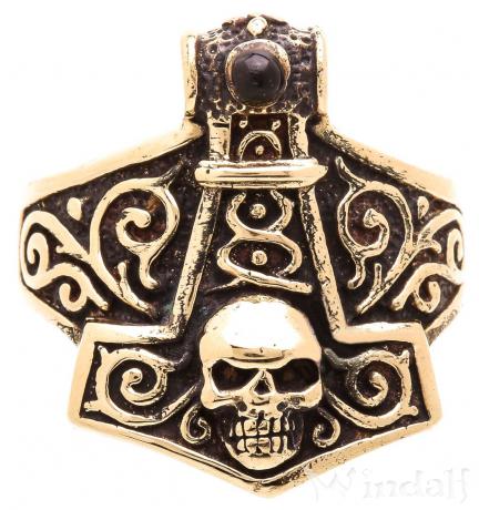 WINDALF Wikinger Ring VALHALL 22 mm Thorshammer & Totenkopf Bronze - Windalf.de