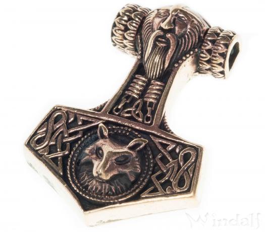 WINDALF Großer Schmuck Anhänger THORON 4.3 cm Thorshammer & Odin Bronze - Windalf.de