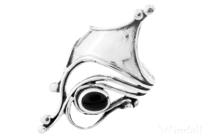 WINDALF Langer Gothic Ring AILA 35 mm Schwarzer Onyx Statement Silberring - Windalf.de