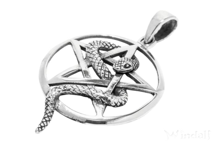 WINDALF Wunsch Schmuck Anhänger PEGA Ø  2.6 cm  Pentagramm Schlange Schutz Amulett Silber - Windalf.de