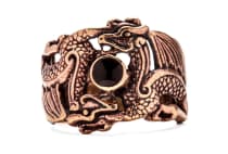 WINDALF Wikinger Ring FENURAG 17 mm 2 Drachen mit schwarzem Stein Bronze - Windalf.de
