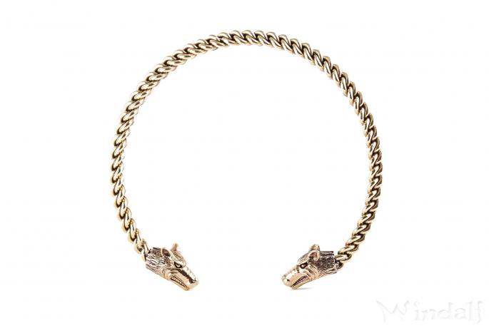 WINDALF Frauen Halsreif STARK Ø 13.5 cm Wikinger Schmuck Torques Wolfsköpfe Vintage Bronze - Windalf.de