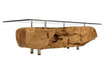 WINDALF Historischer Couchtisch VEZELA 140 cm Antiker Sideboard mit Glasplatte und Stahl-Stifte Unikat Handarbeit aus Teakholz - Windalf.de