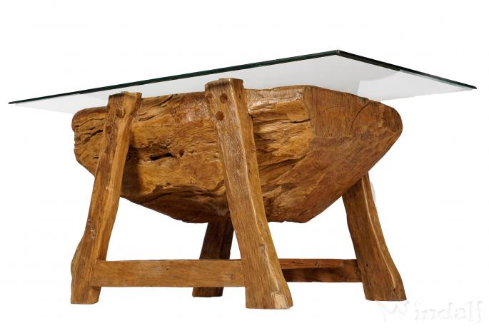 WINDALF Historischer Couchtisch DAGON 68 cm Wohnzimmertisch mit Glas & Ablage Handarbeit aus Teakholz - Windalf.de