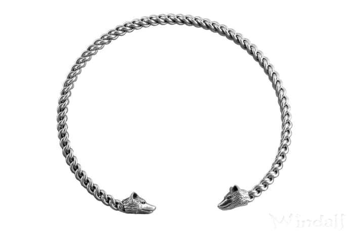 WINDALF Frauen Vikings Torques ZORI Ø 12 cm Wikinger Halsschmuck Wolfsköpfe Silber-Halsreif - Windalf.de