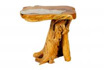 WINDALF Hoher Tisch mit Glasplatte AAVE 67 cm Bohemia Teaktisch mit Glas Landhausdesign Handarbeit aus Wurzelholz - Windalf.de