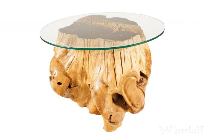 WINDALF Rustikaler Holztisch mit Glasplatte MELIAN 65 cm Natur Wohnzimmertisch Unikat Handarbeit aus Wurzelholz - Windalf.de