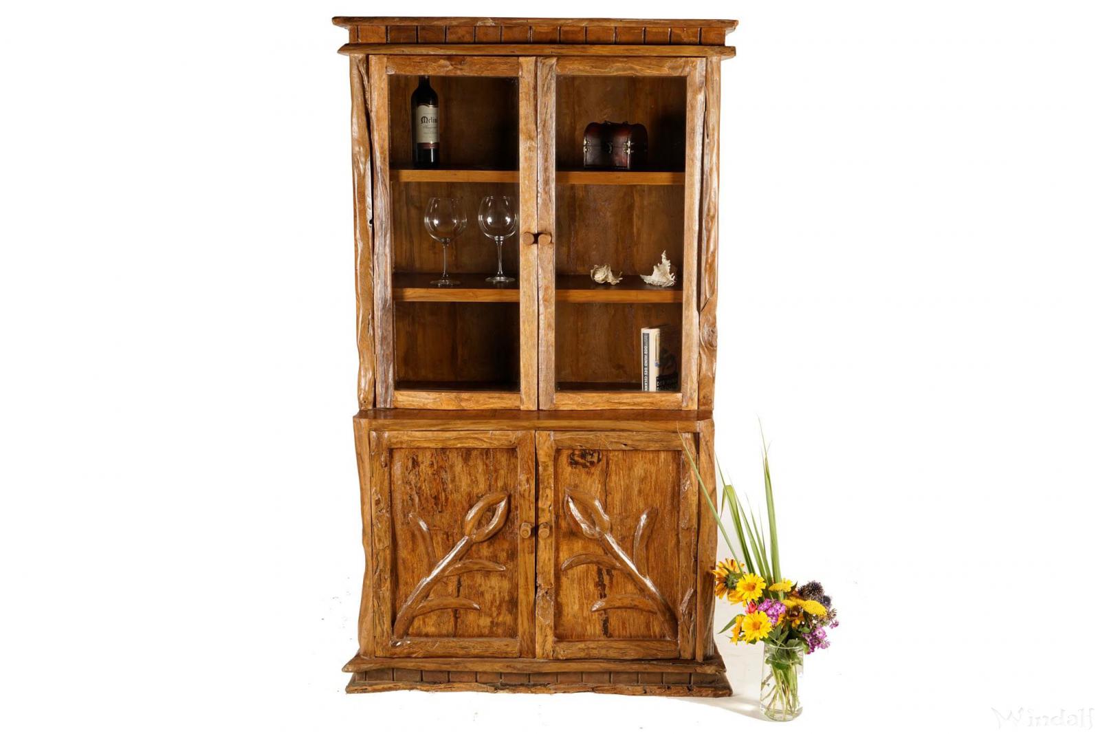 WINDALF Rustikale Große Holz-Vitrine ALVIO 176 cm Natur Geschirr