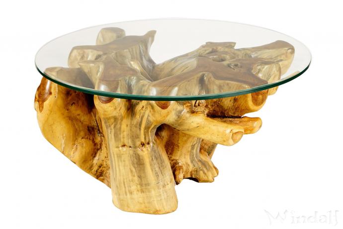 WINDALF Couchtisch mit Glasplatte KHIM Ø 100 cm Natur Wohnzimmertisch Handarbeit aus Wurzelholz - Windalf.de