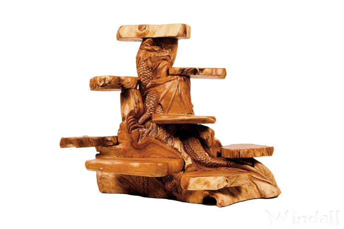 WINDALF Rustikale Blumenbank mit 8 Ablagen und Drachen RUBEZAAN 110 cm Handarbeit aus Wurzelholz - Windalf.de