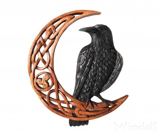 WINDALF Nordic Holzornament MUNIN 37 cm Celtic Art Knotenmuster Odins Rabe Links schauend Wanddekor Handarbeit aus Holz - Windalf.de