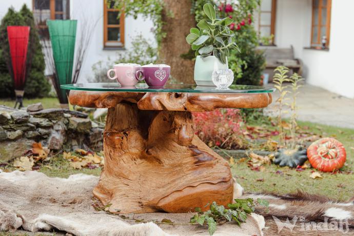 WINDALF Rustikaler Couchtisch mit 4 Schildkröten BRYNA 90 cm mit Glasplatte Handarbeit aus Wurzelholz - Windalf.de