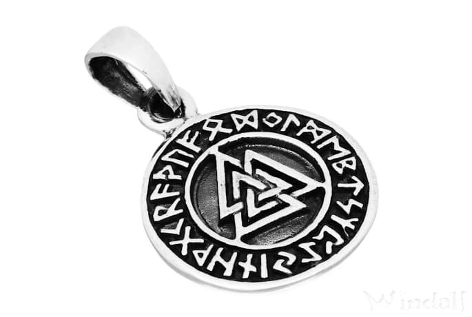 WINDALF Wikinger Schmuck Anhänger VALKNUT Ø 2 cm Wotansknoten mit Runen Silber - Windalf.de