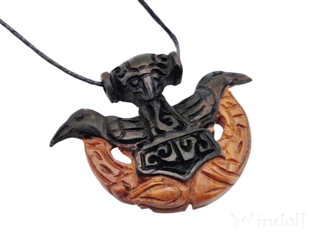 WINDALF Wikinger Schmuck Anhänger RAVE 3.8 cm Thorshammer Hugin & Munin Handarbeit Holz - Windalf.de