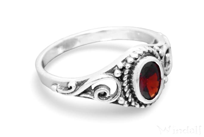 WINDALF Damen Ring MARA 10 mm Roter Zirkonia Granat Zarte Ornamentik Silber - Windalf.de