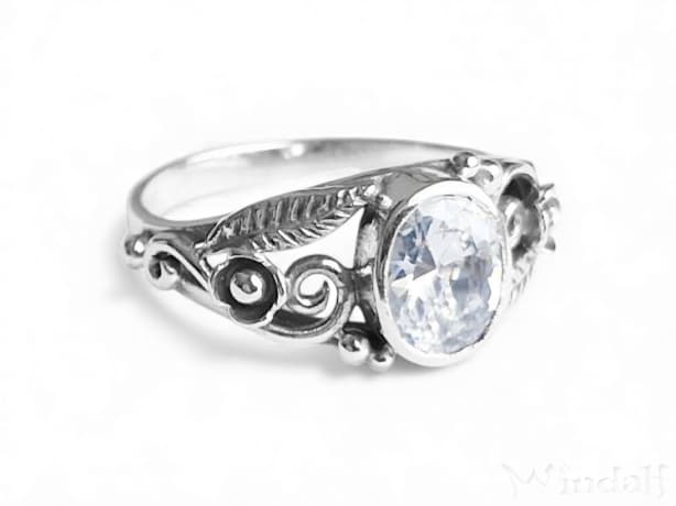 WINDALF Damen Ring AURORA 9 mm Weißer Kristall Spiralen & Zarte Blätter Silber - Windalf.de