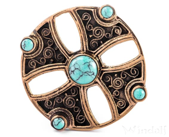 WINDALF Wikinger Kreuzfibel ASUR Ø 4 cm Brosche mit Türkis Vintage Bronze - Windalf.de